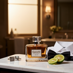 Ganelli No.15 for Him perfume bottle on marble surface with two lime halves, bow tie, and cufflinks.