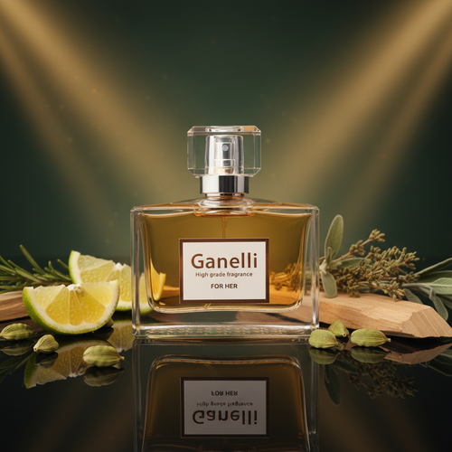 Ganelli No. 2 for Her perfume in amber liquid glass bottle with square cap on a reflective surface with lime wedges.