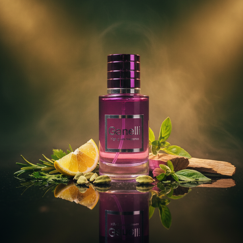 Ganelli No. 2 for Her Perfume bottle, pink glass with purple cap, Eau de Parfum.