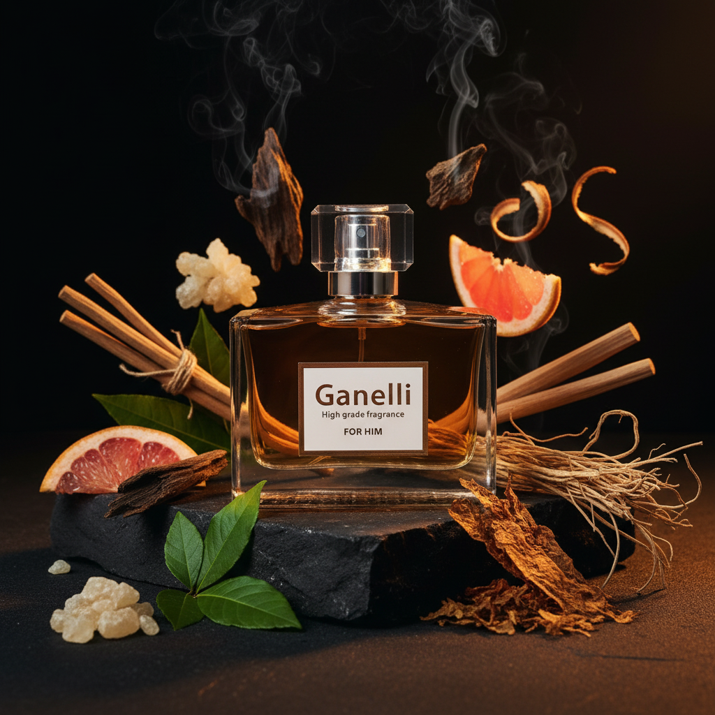 Ganelli No. 29 for Men – Cinematic Ingredient Display with Real Bottle