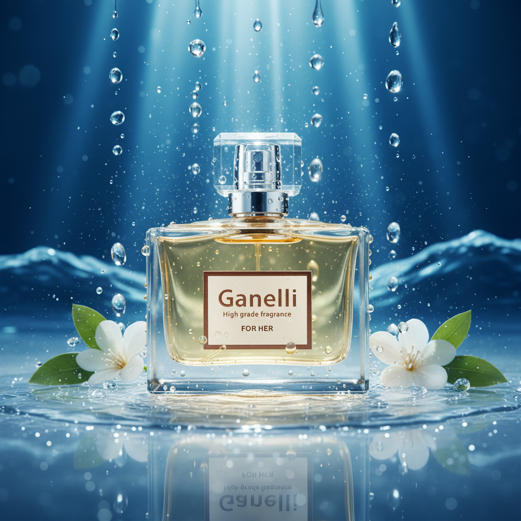 Ganelli No. 4 for Her perfume bottle; clear glass, golden liquid, silver cap, with white flowers