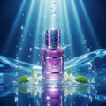 Ganelli No. 4 for Her eau de parfum bottle; purple glass with aquatic splash and white blossoms.