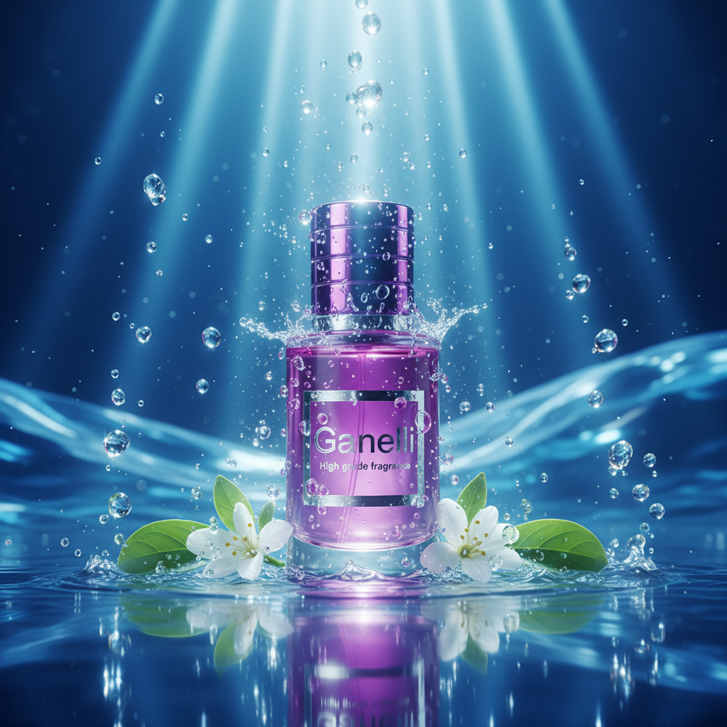 Ganelli No. 4 for Her eau de parfum bottle; purple glass with aquatic splash and white blossoms.