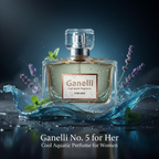 Ganelli No. 5 for Her perfume bottle with clear glass and amber liquid, crystal cap, surrounded by water and lavender