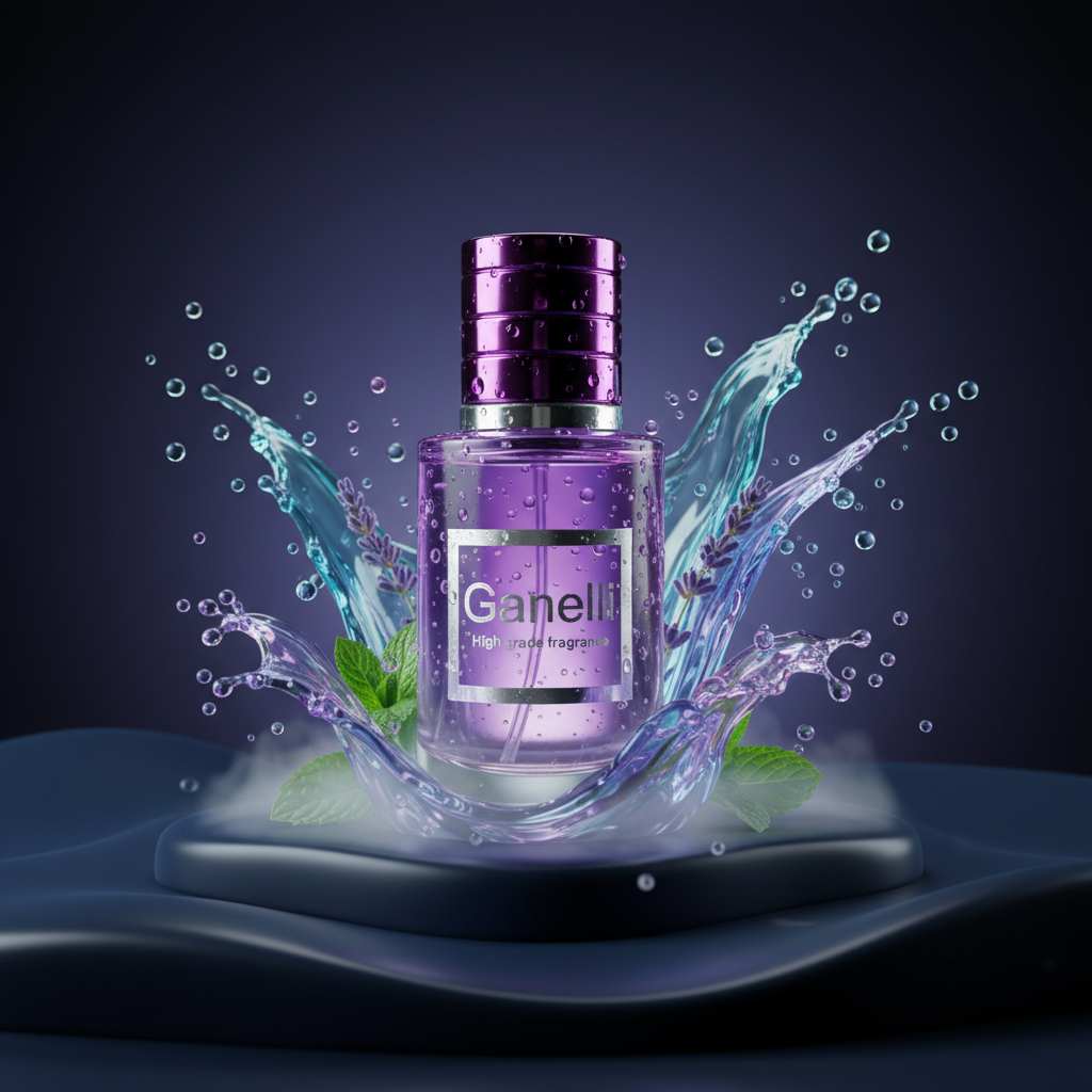 Ganelli No. 5 for Her eau de parfum bottle — purple glass with aquatic splash.