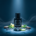Ganelli No. 5 for Him Eau de Parfum bottle with dark glass finish and black cap, displayed with lime and mint