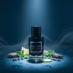 Ganelli No. 5 for Him Eau de Parfum bottle with dark glass finish and black cap, displayed with lime and mint