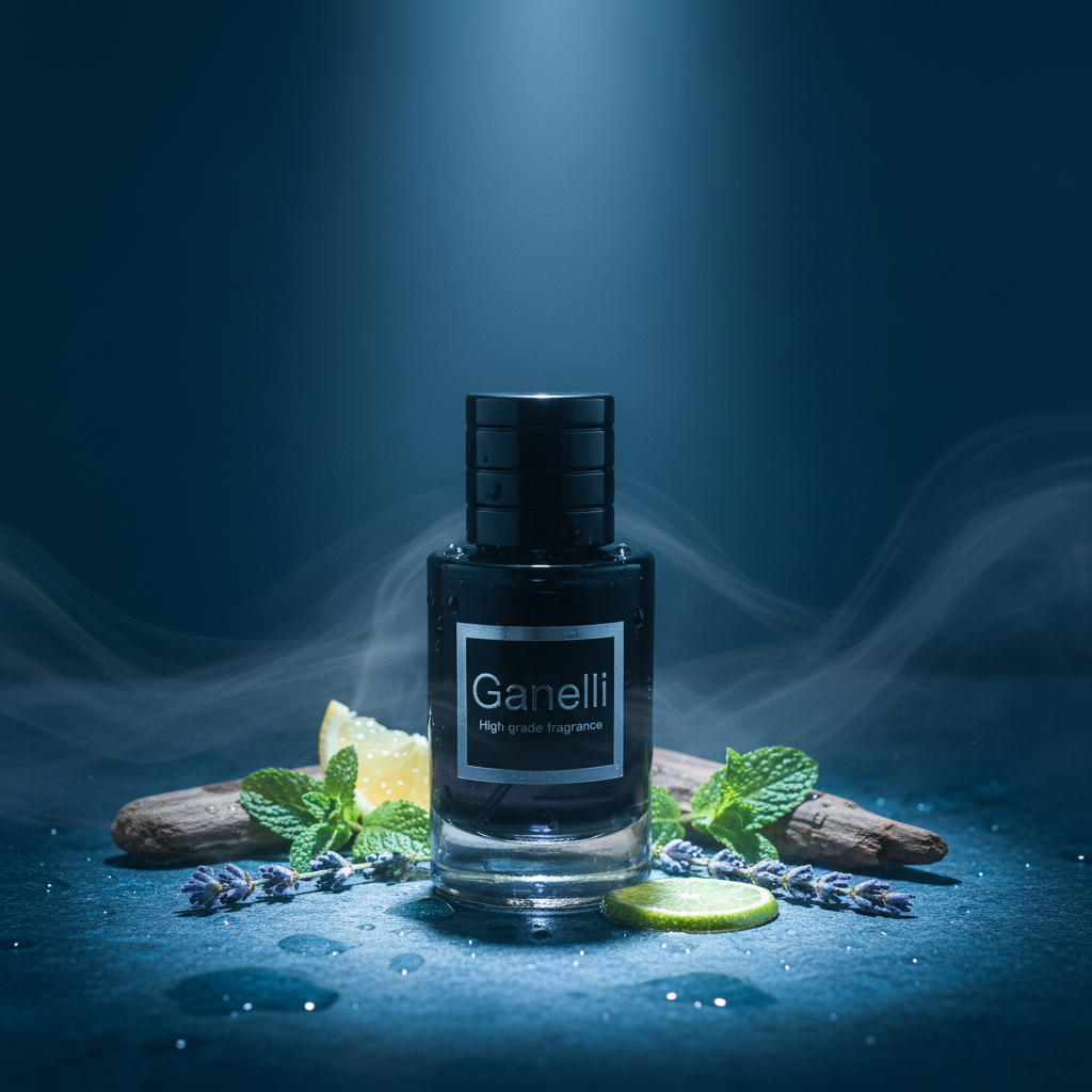 Ganelli No. 5 for Him Eau de Parfum bottle with dark glass finish and black cap, displayed with lime and mint