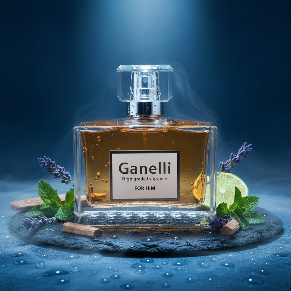 Ganelli No. 5 for Him Eau de Parfum bottle with amber liquid on slate, lavender, mint, lime