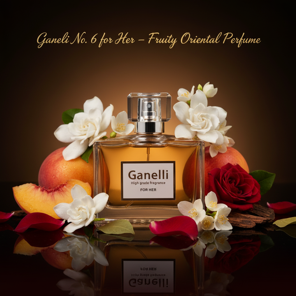 Ganelli No. 6 for Her perfume - Fruity Oriental, glass bottle with liquid surrounded by white flowers and peaches.