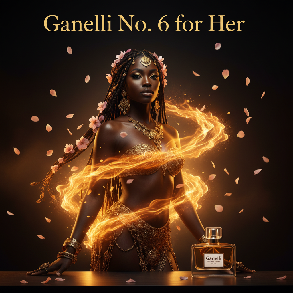 Ganelli No. 6 for Her perfume bottle on a table with golden flames and ornate jewelry