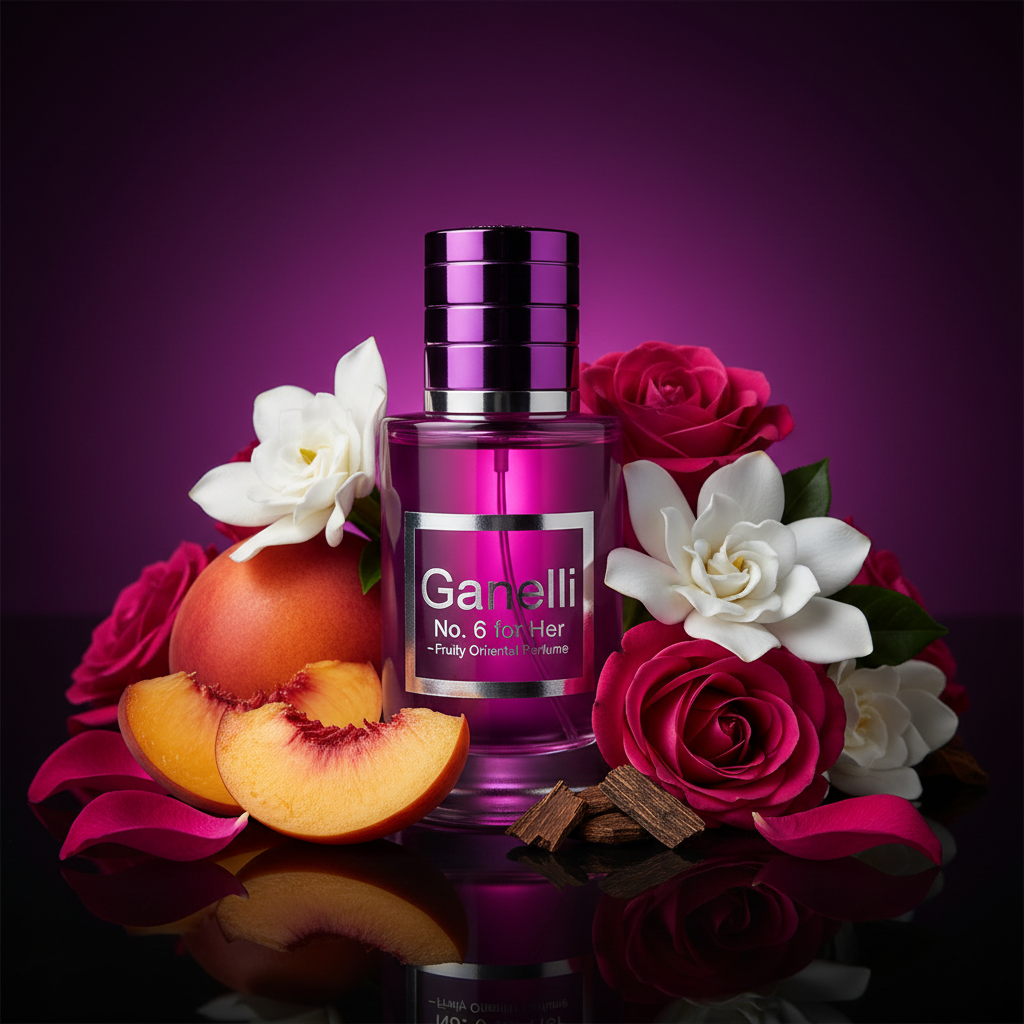 Ganelli No. 6 for Her perfume bottle in purple with pink label, an Eau de Parfum, surrounded by peaches and roses.