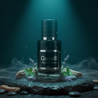 Ganelli No. 6 for Him Aquatic Ocean Eau de Parfum bottle on rocky display with mint and lavender sprigs