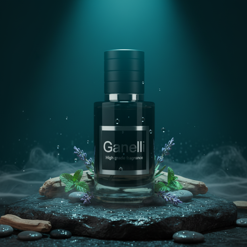 Ganelli No. 6 for Him Aquatic Ocean Eau de Parfum bottle on rocky display with mint and lavender sprigs