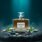 Ganelli No. 6 for Him Aquatic Ocean Eau de Parfum glass bottle with amber liquid surrounded by mint and lavender on stones