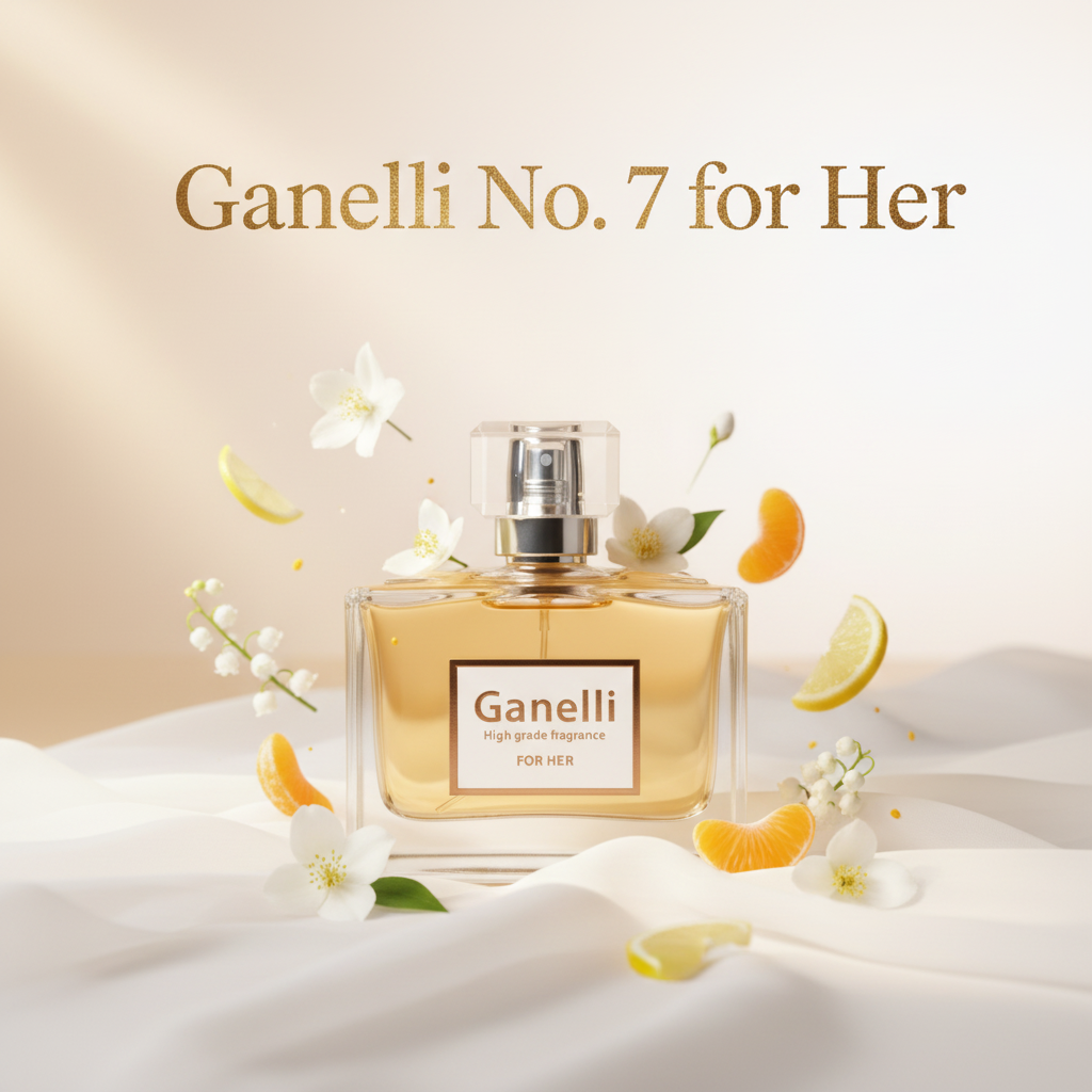 Perfume Ganelli No. 7 for Her bottle with amber liquid, surrounded by white flowers and citrus wedges.