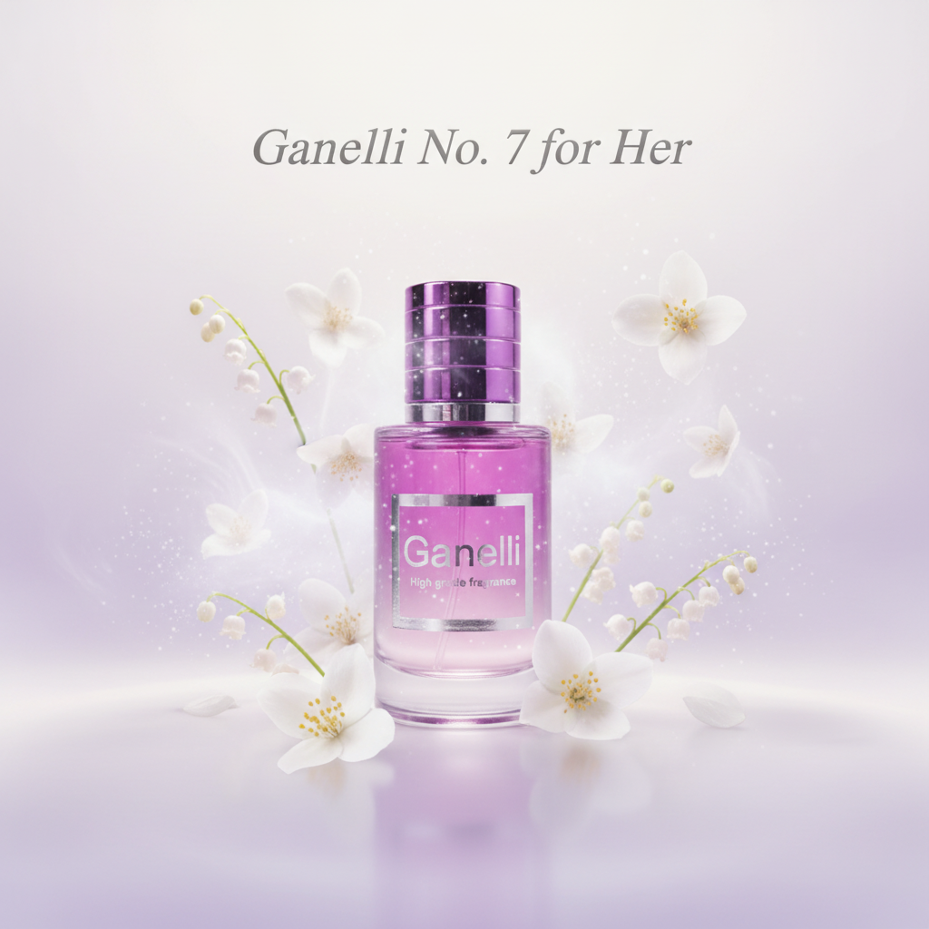 Ganelli No. 7 for Her perfume bottle in pink-purple glass with white flowers
