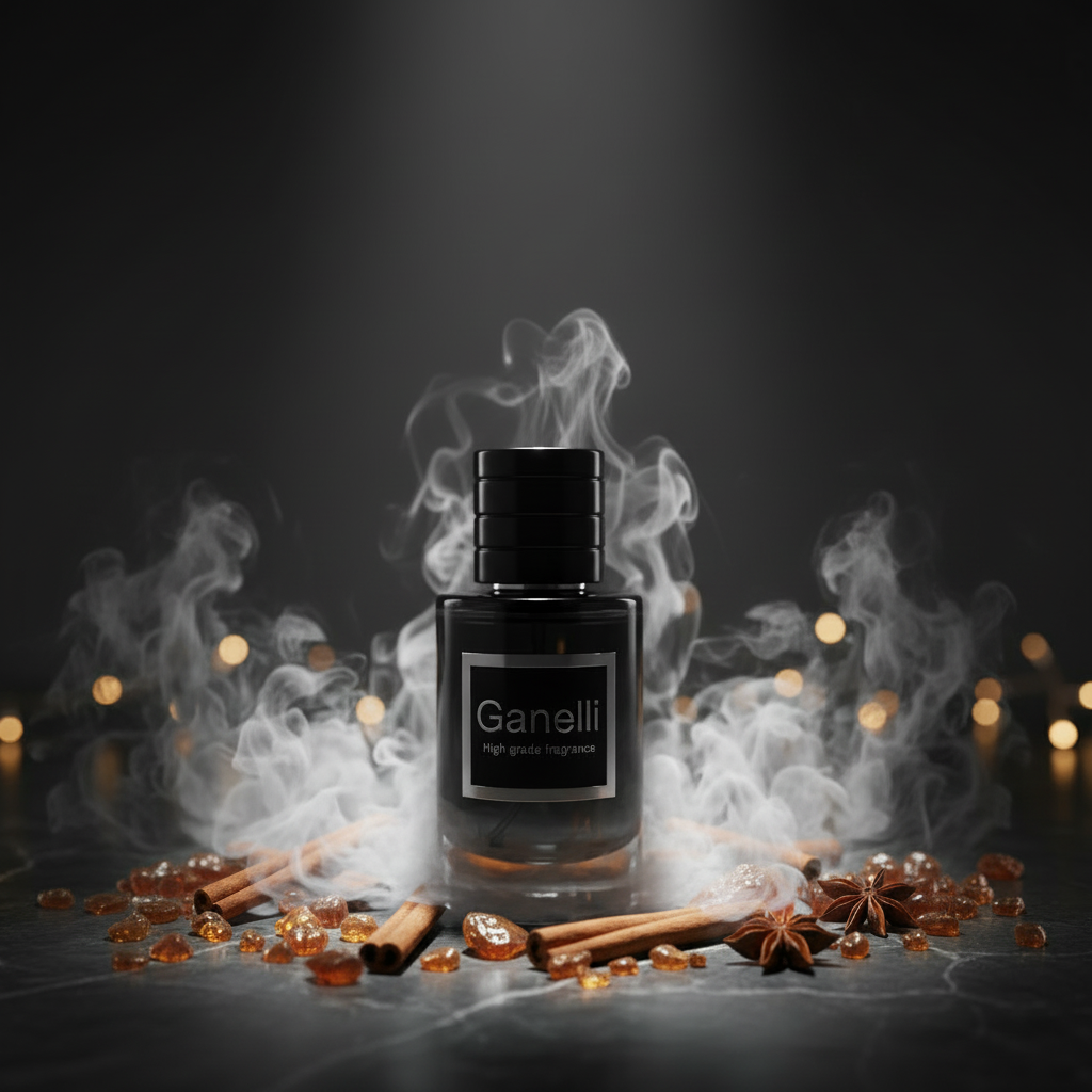 Ganelli No.7 for Him perfume bottle; black glass, smoky backdrop with cinnamon and star anise.