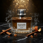 Ganelli No.7 for Him Eau de Parfum bottle in amber glass with clear crystal cap, surrounded by cinnamon sticks