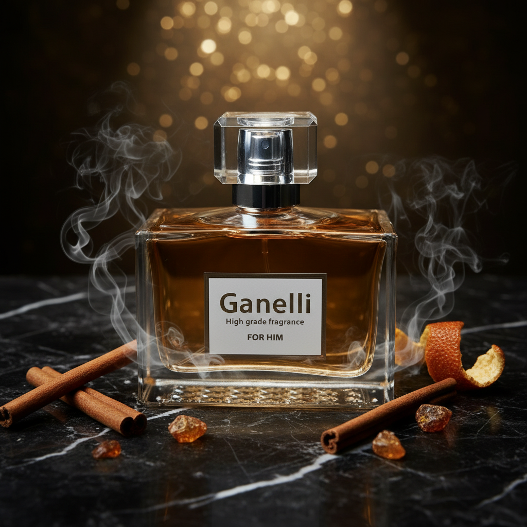 Ganelli No.7 for Him Eau de Parfum bottle in amber glass with clear crystal cap, surrounded by cinnamon sticks