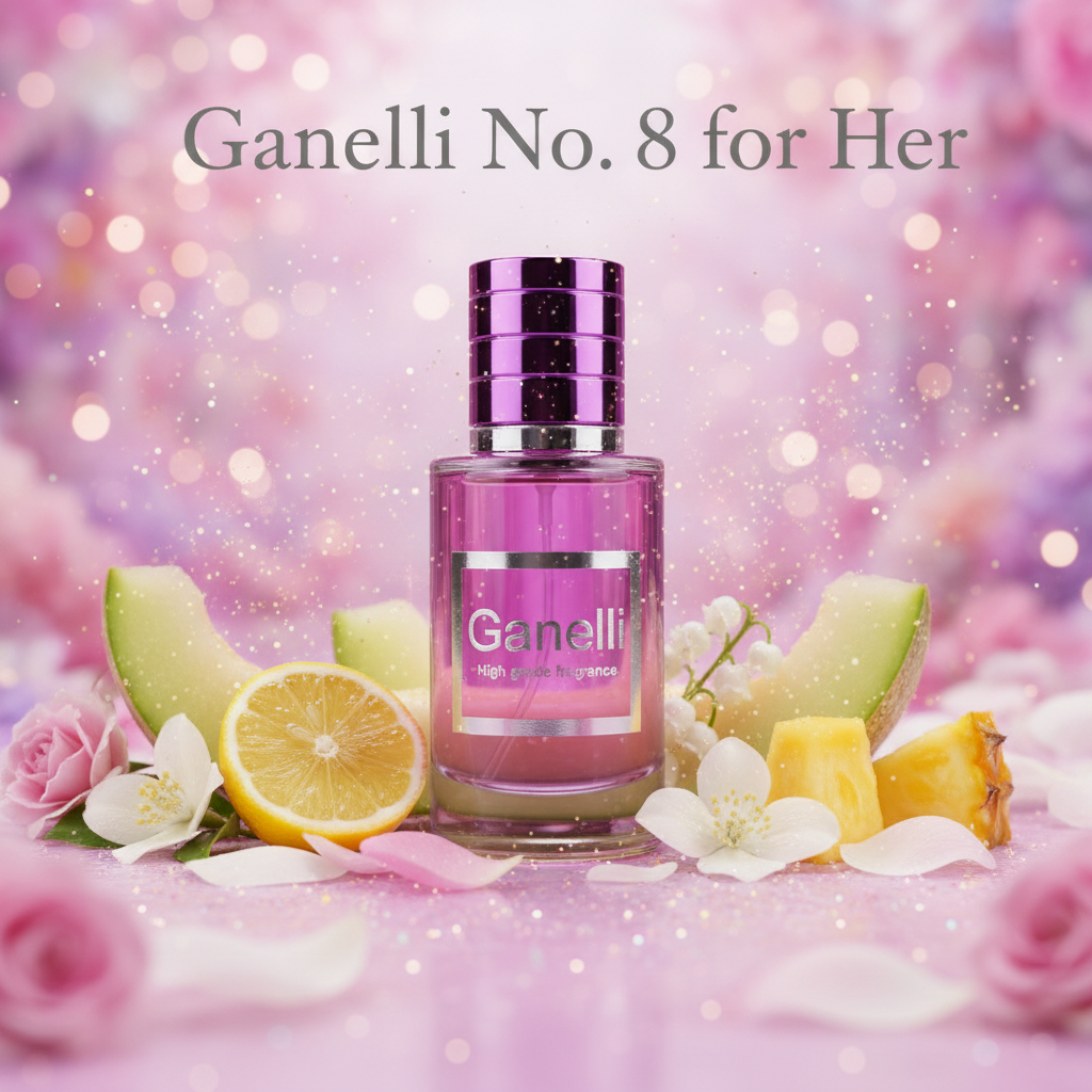 Ganelli No. 8 for Her Perfume – pink glass bottle with purple cap, fruity floral EDP