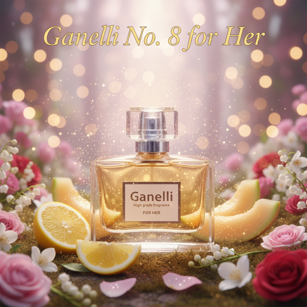 Ganelli No. 8 for Her perfume bottle with fruity floral notes, surrounded by lemons and pink flowers.