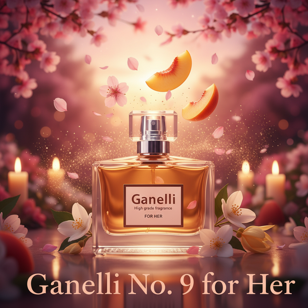 Ganelli No. 9 for Her perfume bottle, fruity floral EDP with amber liquid