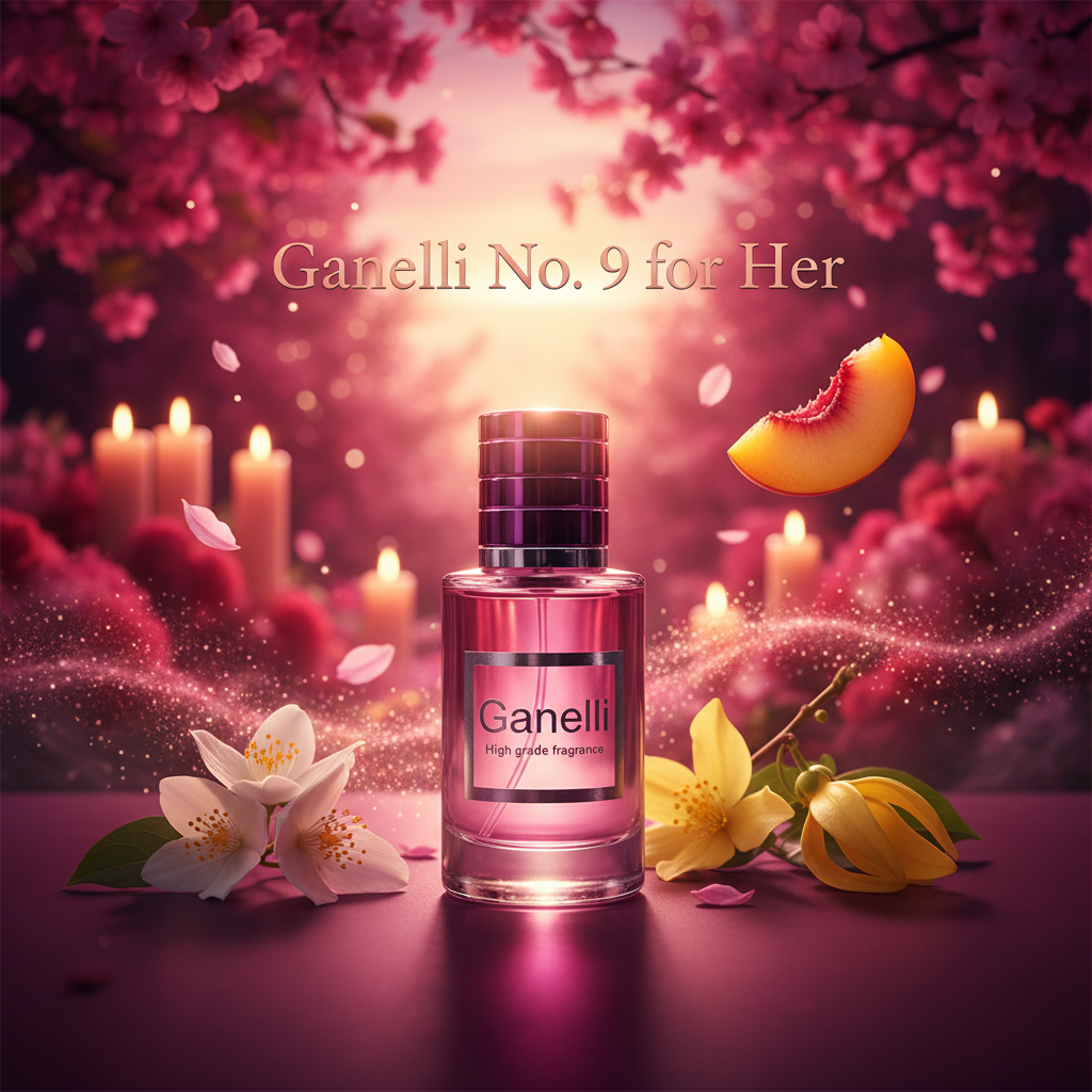 Ganelli No. 9 for Her perfume bottle in pink glass with a purple cap, amid peach slice and white and yellow flowers.