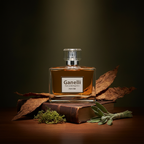 Ganelli No.9 for Him Eau de Parfum bottle with amber liquid atop a vintage book and leaves
