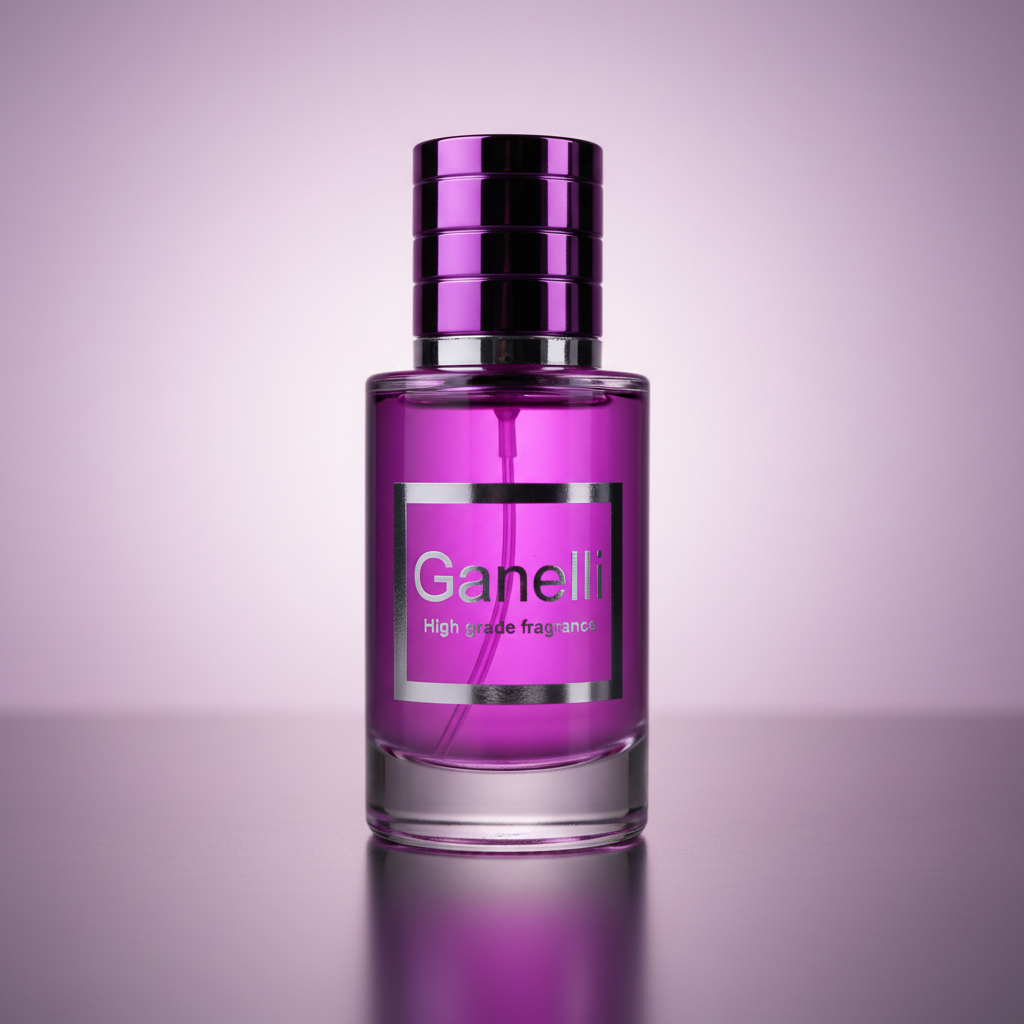 Ganelli No. 1 for Her eau de parfum bottle, purple glass with silver label