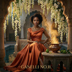 Ganelli No.11 for Her Eau de Parfum; woman in copper satin gown amid ornate floral arches