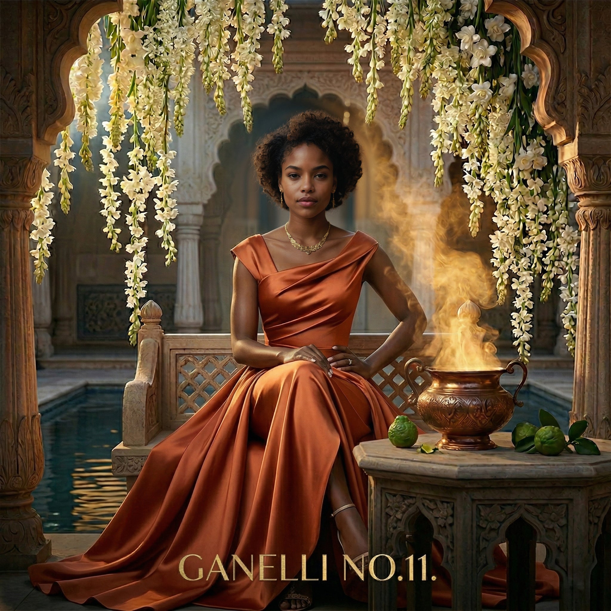 Ganelli No.11 for Her Eau de Parfum; woman in copper satin gown amid ornate floral arches