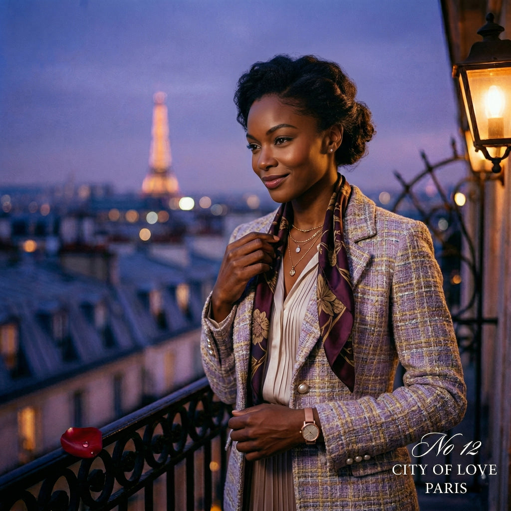Ganelli No.12 for Her Eau de Parfum - romantic floral fragrance ad with a stylish woman on a Paris balcony