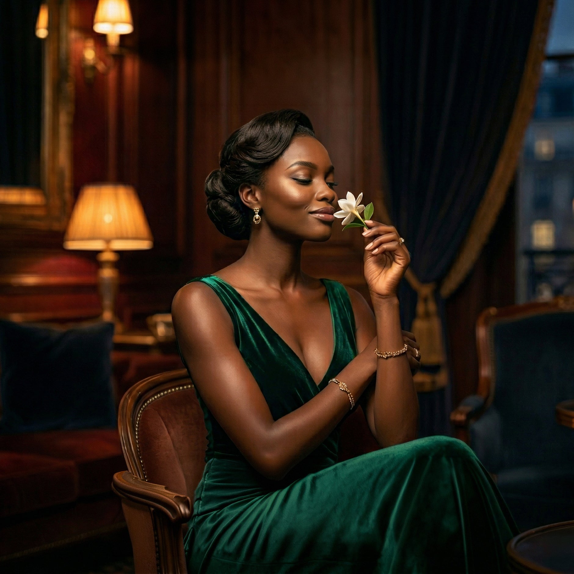 Perfume Ganelli No.13 for Her, glamorous floral EDP; woman in emerald green velvet dress smelling a jasmine bloom