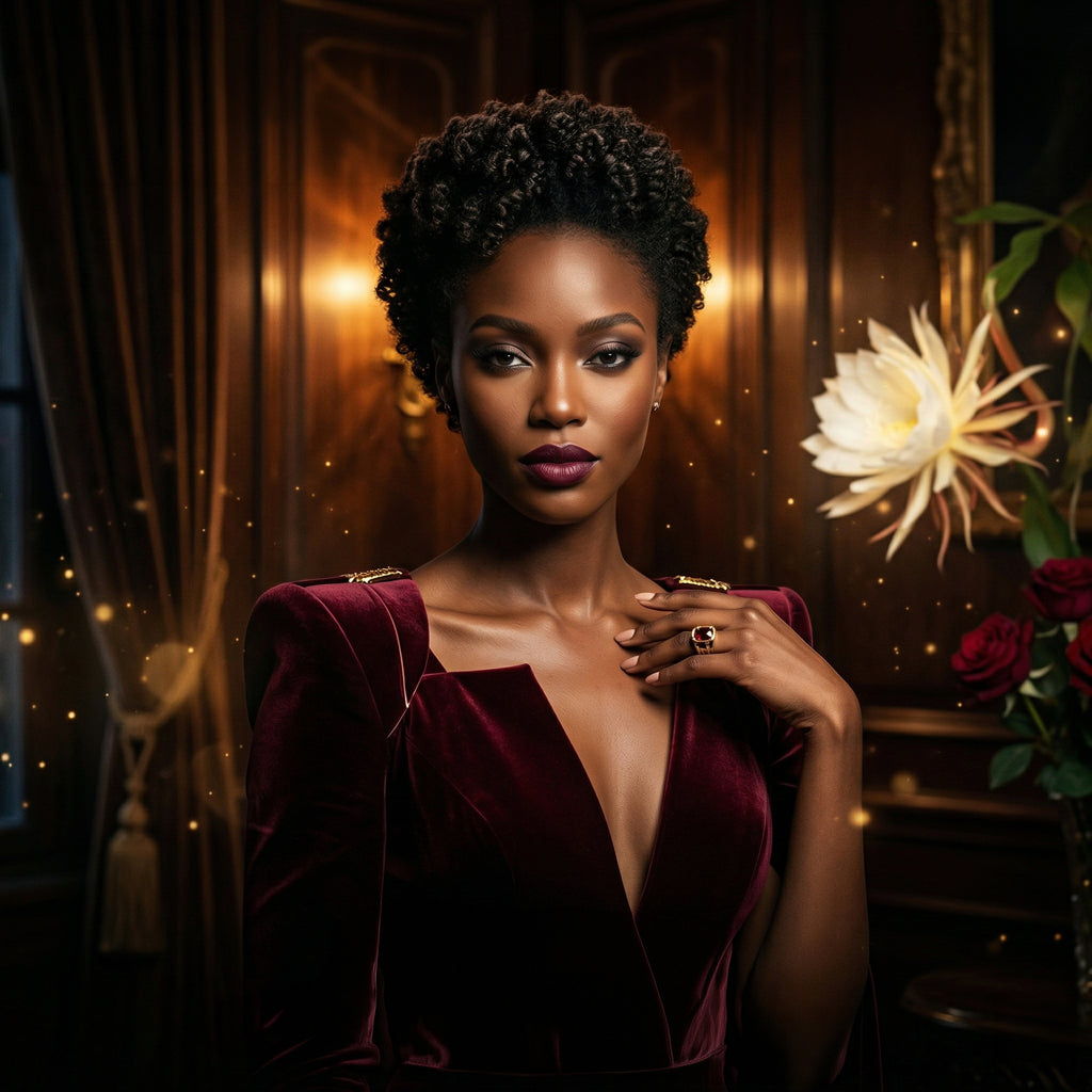 Confident woman in burgundy velvet gown with Queen of the Night flower – Ganelli No.14 for Her seductive oriental women's Eau de Parfum

