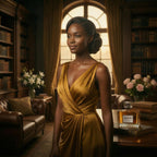 Elegant woman in gold satin gown in a luxury library with Ganelli perfume bottle – No.15 for Her timeless classic women's Eau de Parfum

