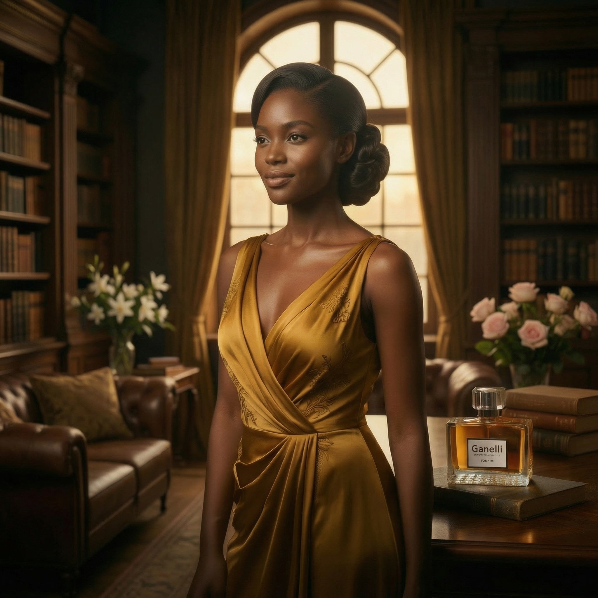 Elegant woman in gold satin gown in a luxury library with Ganelli perfume bottle – No.15 for Her timeless classic women's Eau de Parfum

