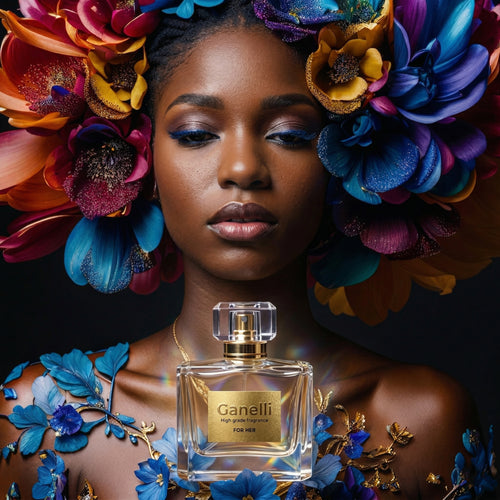 Ganelli No. 1 for Her perfume bottle in clear glass with a gold label; woman wearing a vibrant floral headpiece