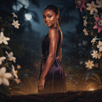 Woman in a purple dress standing among flowers and foliage with a mystical atmosphere.