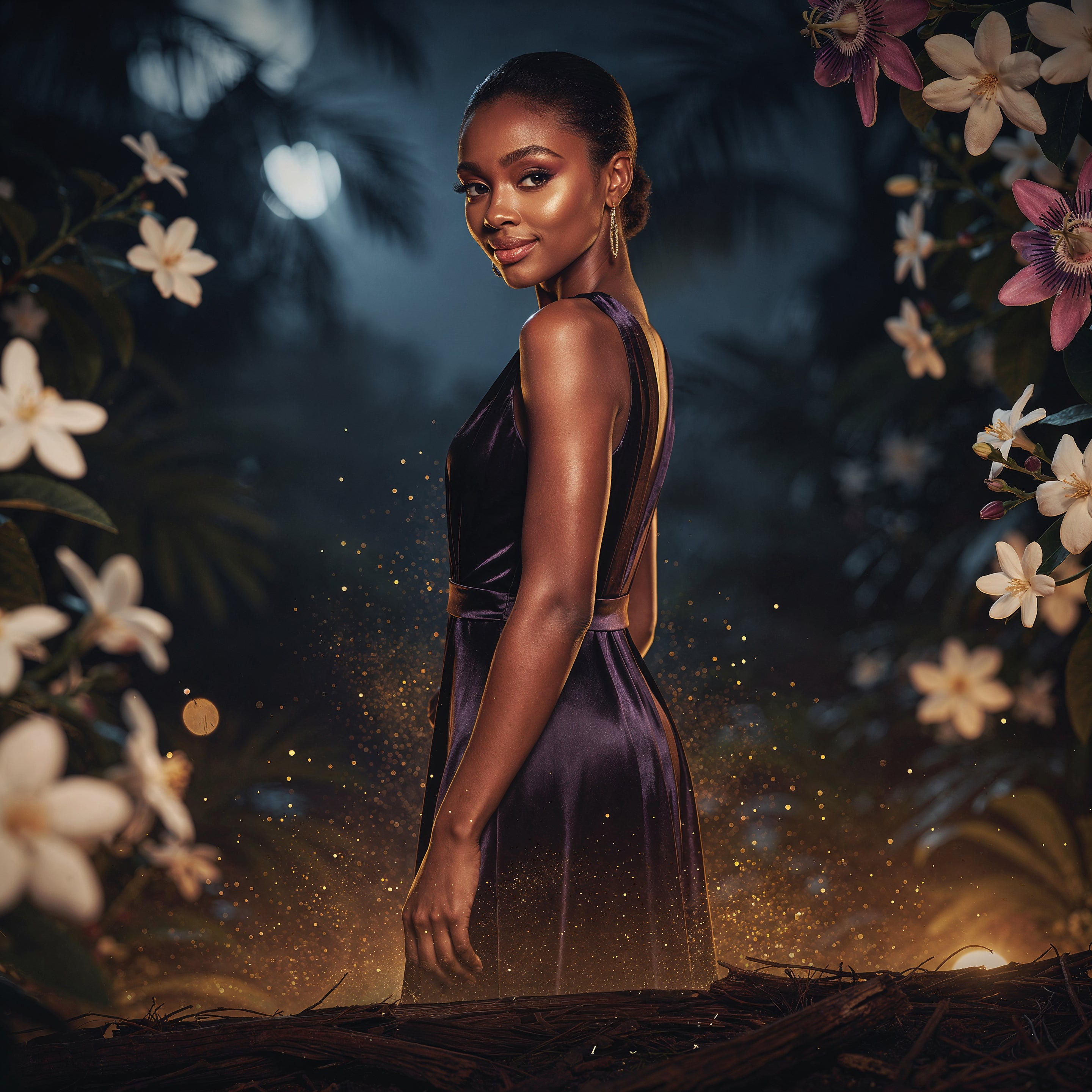 Woman in a purple dress standing among flowers and foliage with a mystical atmosphere.