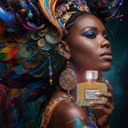 Ganelli No. 1 for Her perfume bottle held by a model with a vibrant feathered headdress