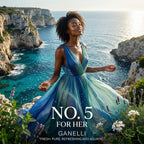 Ganelli No. 5 for Her perfume; woman in a blue-green flowing dress by the sea, Eau de Parfum