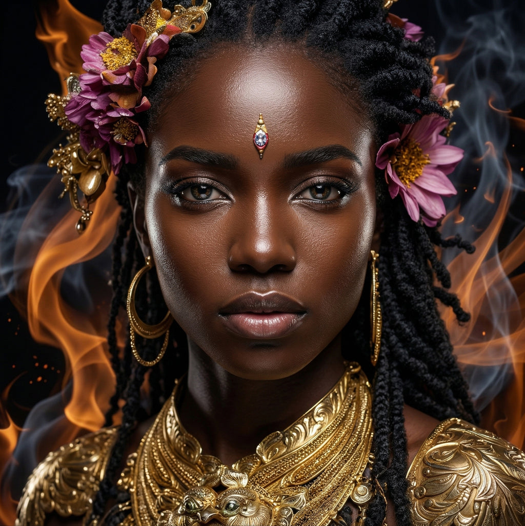 Ganelli No. 6 for Her eau de parfum; fruity oriental scent, model wearing gold jewelry.