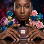 Perfume Ganelli No. 7 for Her, pink-tinted glass bottle, Ganelli Eau de Parfum, surrounded by colorful roses.