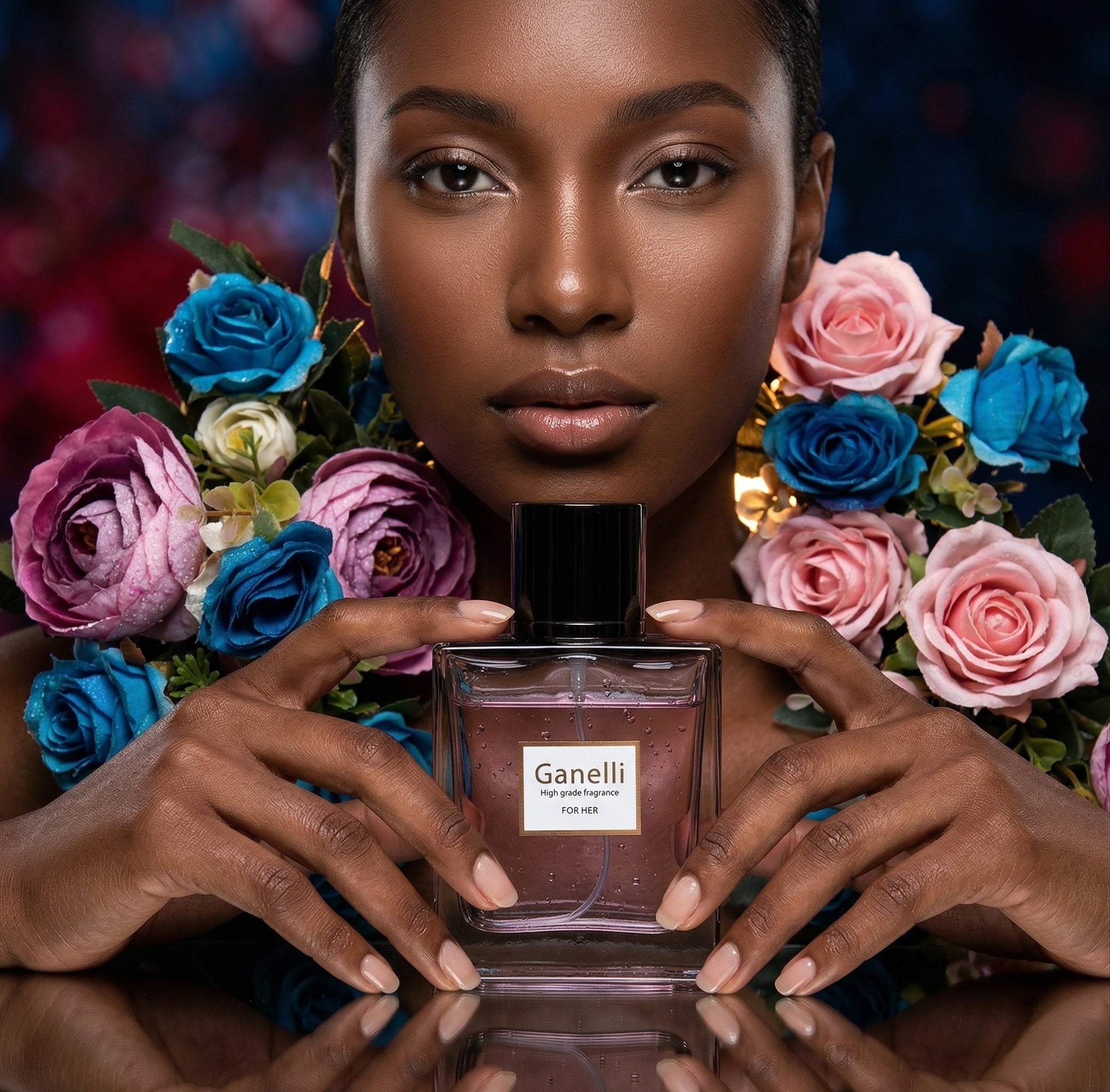 Perfume Ganelli No. 7 for Her, pink-tinted glass bottle, Ganelli Eau de Parfum, surrounded by colorful roses.