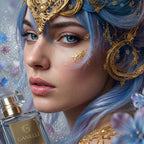 Ganelli No. 9 for Her perfume, fruity floral Eaux de Parfum, shown with a blue-haired model and ornate gold headpiece.