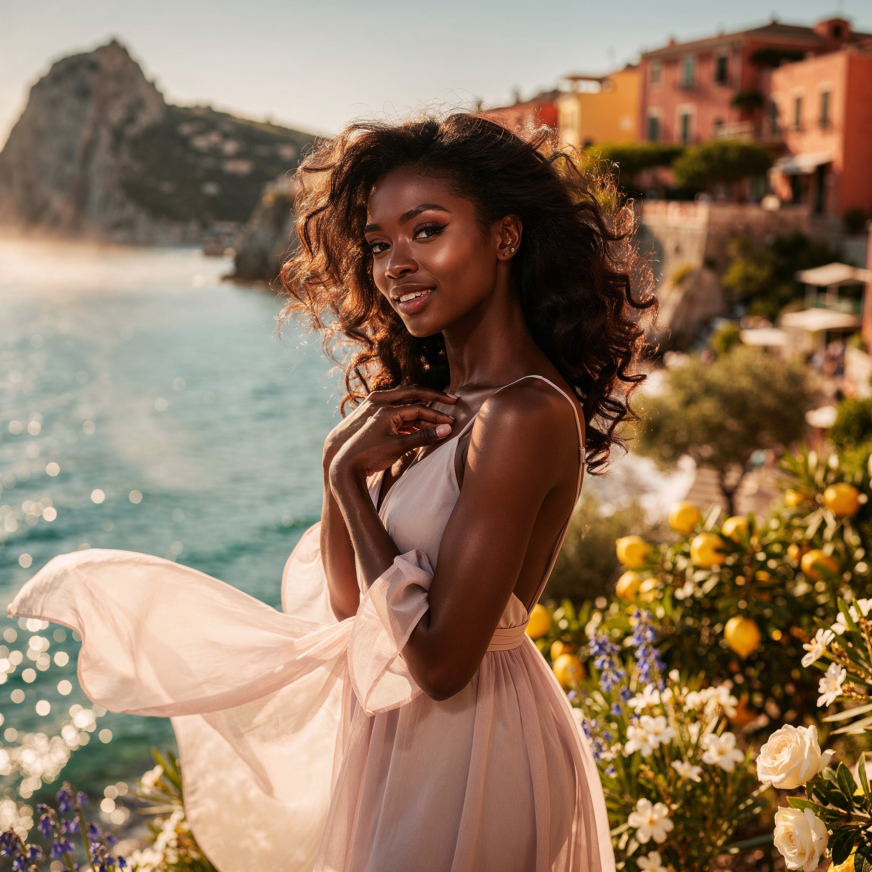 Woman in a flowing dress standing by a scenic coastal area with flowers and buildings in the background.