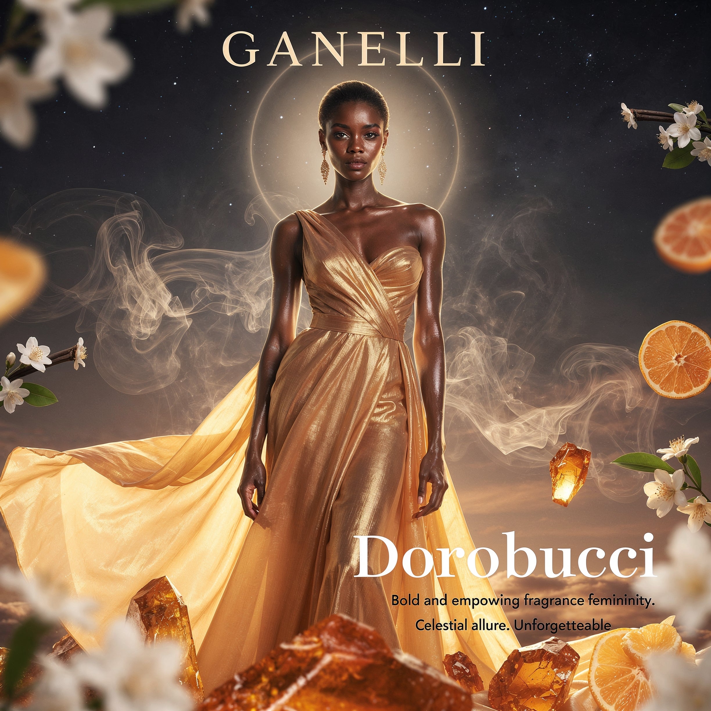 Model in a gold dress surrounded by flowers, oranges, and smoke with 'Ganelli' branding.