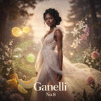 Woman in a white dress standing in a fantasy forest with flowers and lights, featuring the brand 'Ganelli'.