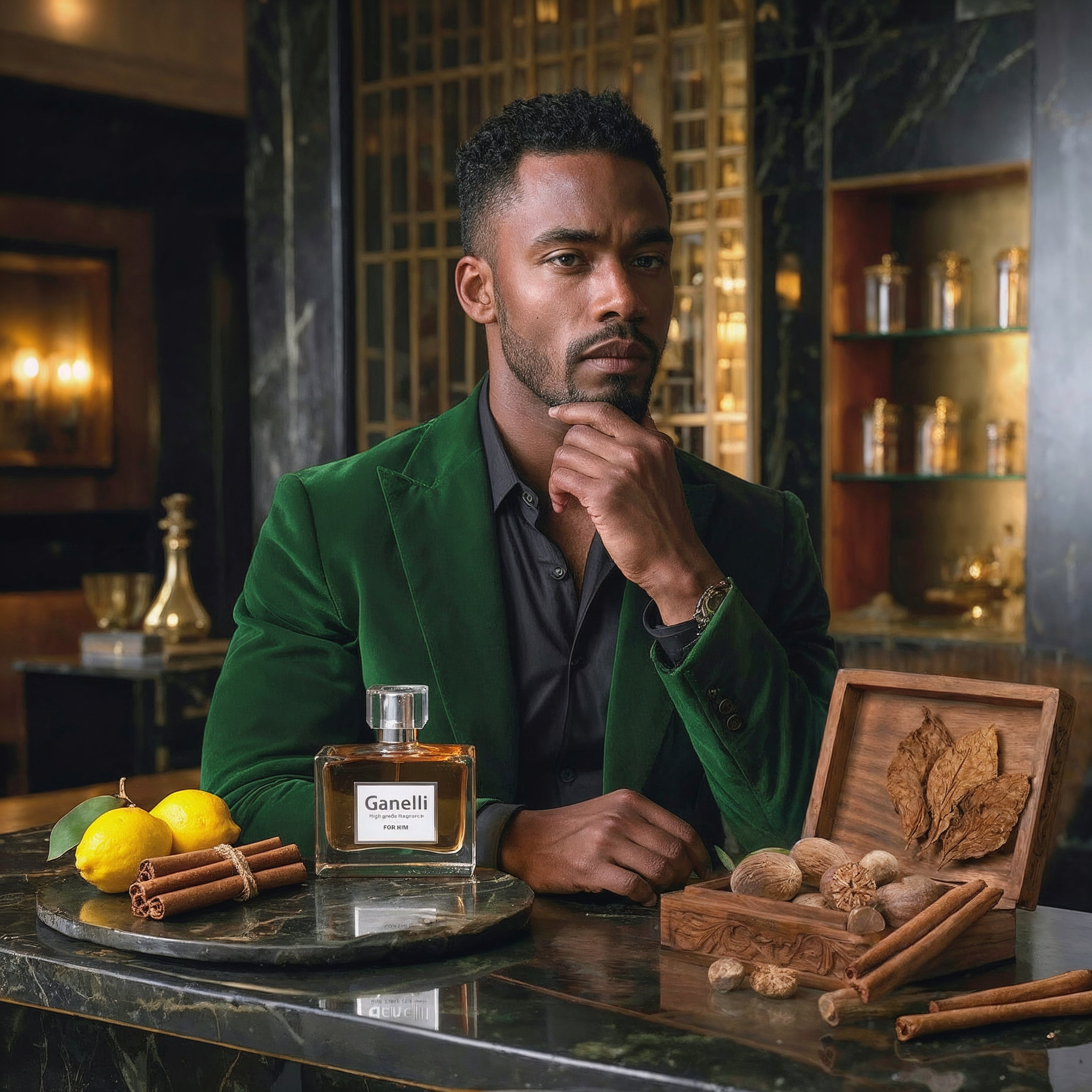 Ganelli No.12 for Him Eau de Parfum bottle on marble counter; man in green velvet blazer in background.